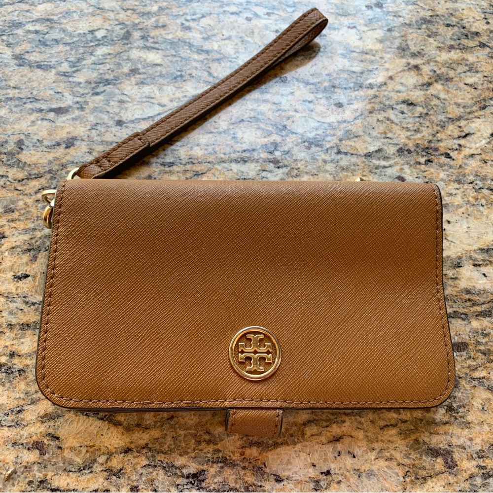 Tory Burch Brown Saffiano Leather Wristlet Clutch with Gold Logo